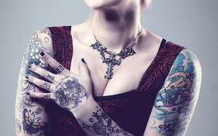 women's red and black strap top, tattoo, women, model, necklace HD wallpaper