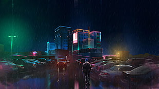 man walking in parking lot illustration HD wallpaper