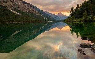 blue and green floral dress, landscape, mountains, lake, sunset