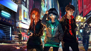 three anime character standing near buildings digital wallpaper HD wallpaper