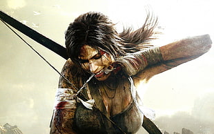 Lara Croft, bow, dark hair, simple background HD wallpaper
