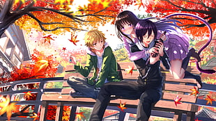two men sitting on bench and girl with purple dress anime characters HD wallpaper