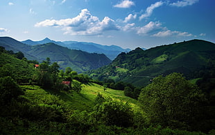 green mountain, landscape, mountains, sky, clouds