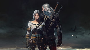 animated illustration of couple with swords HD wallpaper