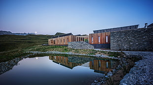 brown wooden house, building, house, landscape, reflection