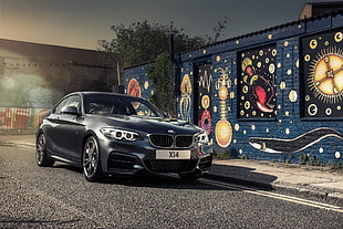 black BMW coupe beside blue painted wall