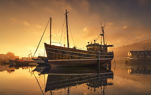brown fishing boat, boat, vehicle, water, reflection