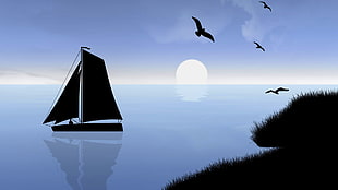 sailboat on water with birds painting, digital art, landscape, water, sea HD wallpaper