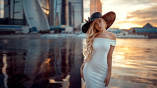 women's white off-shoulder dress, women, model, Georgy Chernyadyev, blonde HD wallpaper