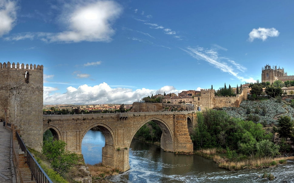 brown concrete bridge near castle under river, landscape, castle HD wallpaper