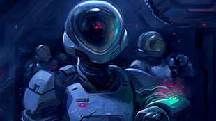 three robots illustration, digital art, futuristic, astronaut, helmet