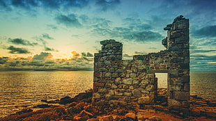 concrete wall, sea, ruin, nature, sky