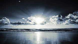 sun with gray clouds, landscape, beach, clouds, sea