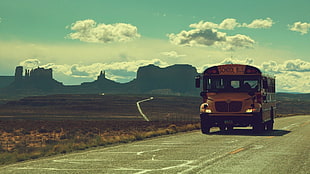 yellow and black school bus, landscape, old car HD wallpaper