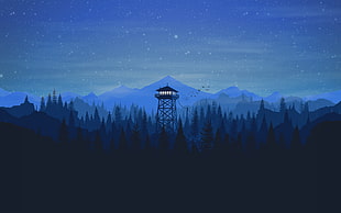 truss tower overlooking forest during nighttime HD wallpaper