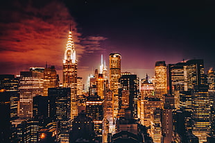 city buildings wallpaper, lights, USA, skycrapers, Twilight HD wallpaper