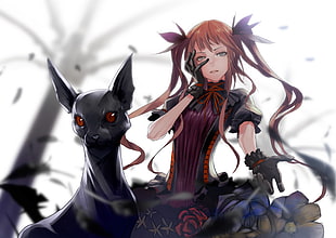 anime character brown haired female with black hound illustration