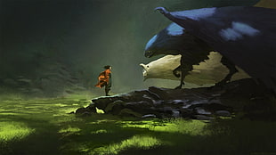 man standing in front of blue griffin digital wallpaper, Griffins, landscape, people, DeviantArt