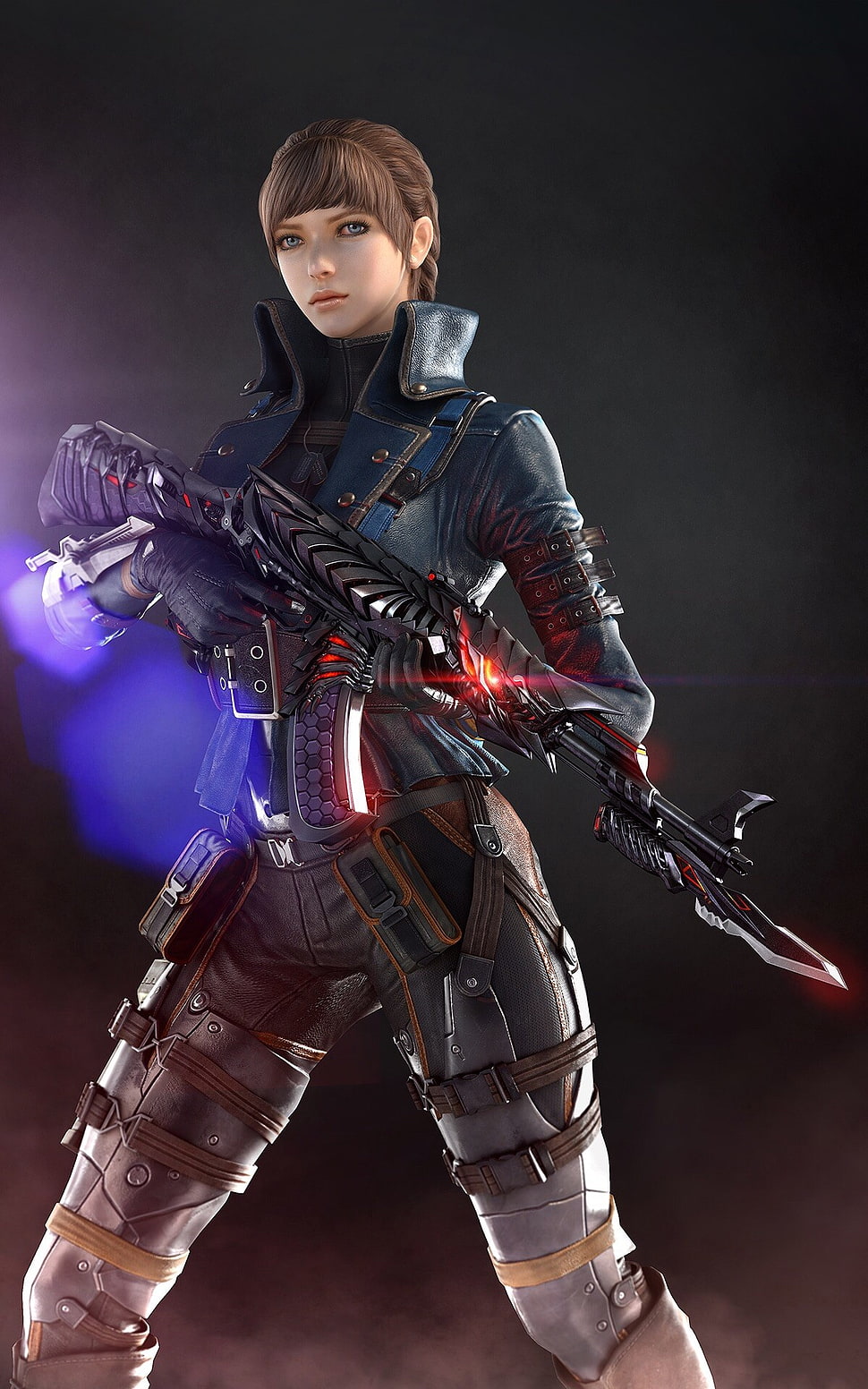 3D female character wearing black armour holding rifle with bayonet illustration HD wallpaper
