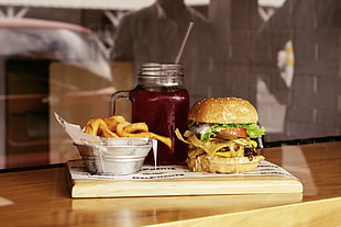 Burger and fries dish HD wallpaper
