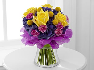 yellow,pink,and purple flowers in vase HD wallpaper