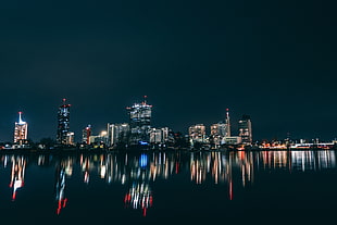 city buildings, city, water, reflection, lights HD wallpaper
