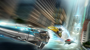 yellow and blue vehicles, video games, Wipeout, Wipeout 2048, motion blur HD wallpaper