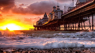 ocean shore view, water, sunset, landscape, pier