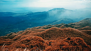 aerial photography of brown mountains under clear calm sky and white clouds