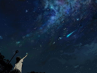 black haired girl anime character looking falling star HD wallpaper