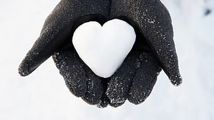 person in black winter gloves holding snow in heart shape HD wallpaper