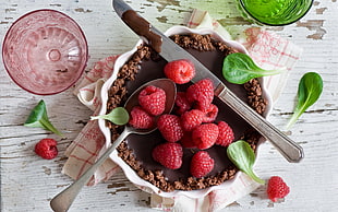 bowl of strawberries, food, lunch, colorful, bird's eye view HD wallpaper