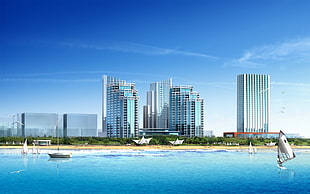 white and brown concrete high-rise building, beach