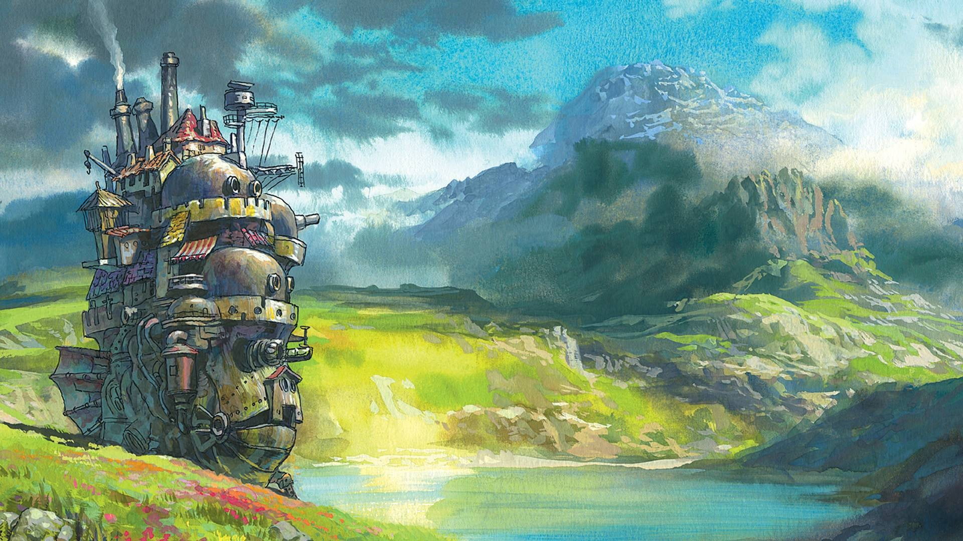 black metal castle on lake digital wallpaper, anime, Howl's Moving Castle, Studio Ghibli