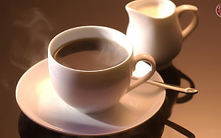 coffee on white ceramic cup with saucer