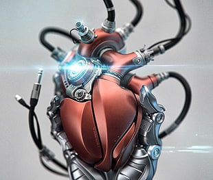 orange and silver mechanical heart illustration, futuristic, heart, digital art, robot HD wallpaper