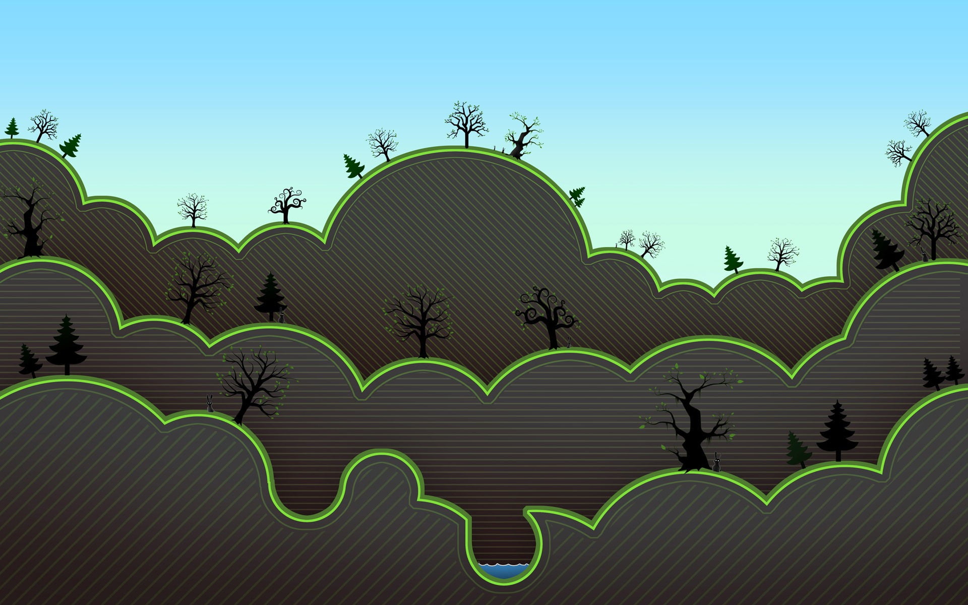 green and black trees animated wallpaper, deep forest, animations, forest, trees