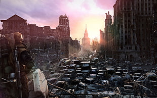 wrecked cars lot beside building poster, video games, concept art, Metro 2033, apocalyptic HD wallpaper