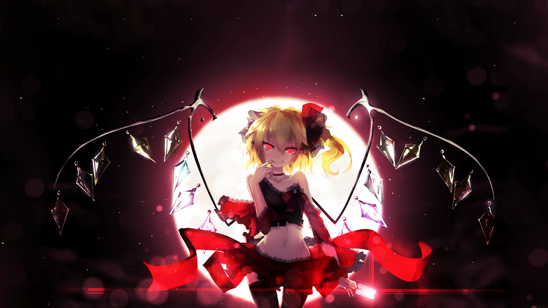 yellow-haired female anime character wallpaper, Flandre Scarlet, Touhou, Moon