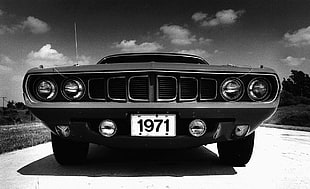 grayscale photo of car, car, Plymouth, Hemi Cuda, 1971