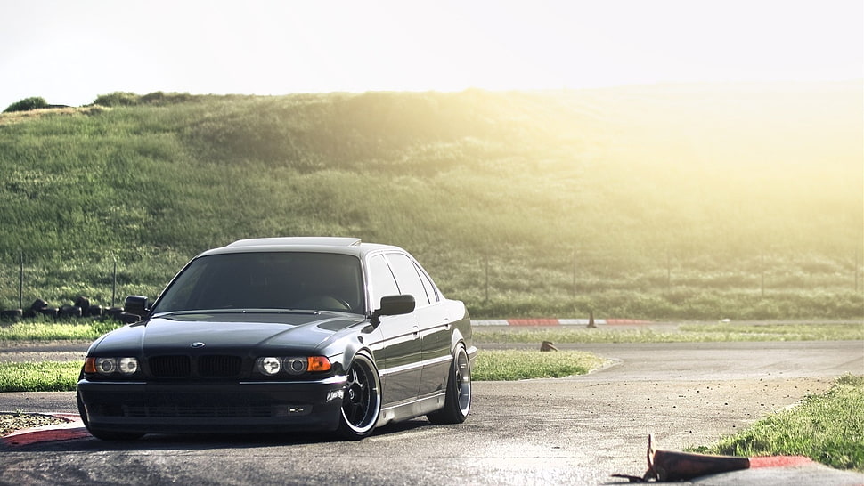 black sedan, BMW, Raiders,  bmw E38, Stance HD wallpaper