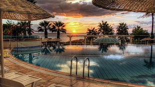 oval concrete framed pool during golden hour, sunset, swimming pool