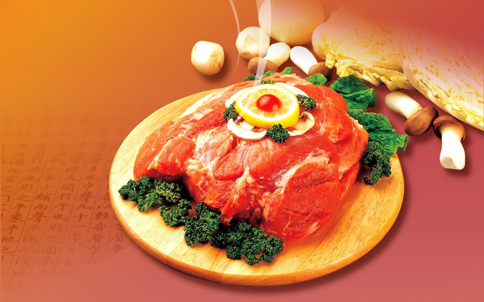 sliced raw meat with lemon and vegetables