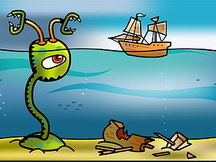 green one-eye monster in front of brown boat illustration HD wallpaper