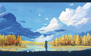 person standing near body of water painting