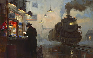 painting of standing man wearing black coat near train station HD wallpaper