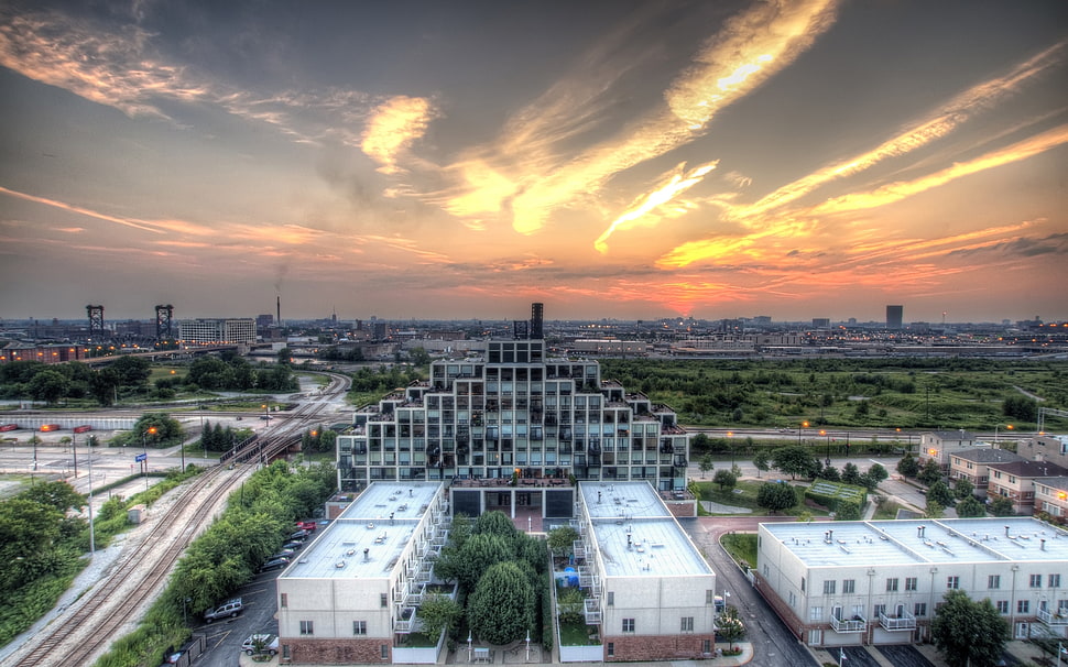 aerial view of city during golden hour HD wallpaper