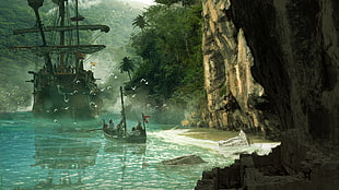 galleon ship and boat illustration, boat, island, cave, landscape HD wallpaper