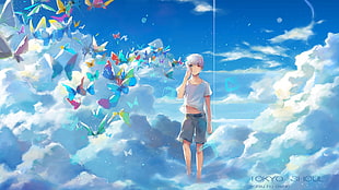 white haired boy anime character standing on clouds art HD wallpaper