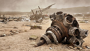 grey metal part, wreck, airplane, engine, desert HD wallpaper